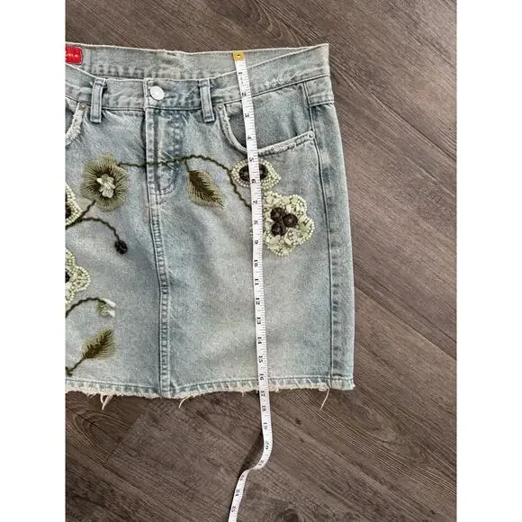Le Jealous Vintage Denim Skirt Y2K Beaded Floral 42 Large Boho Hippie Festival - Picture 9 of 9